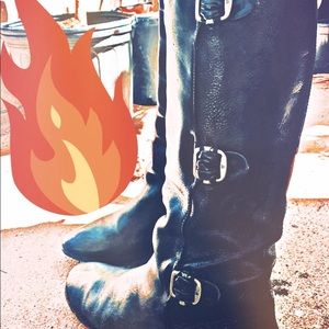 Frye Paige Black Moto boot Buckle Roding Boot tall